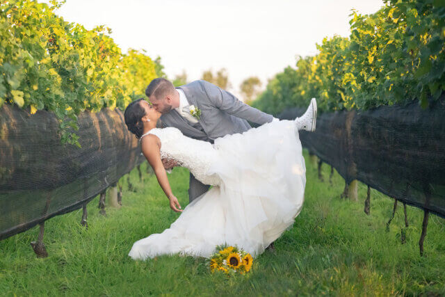 A groom dips and kisses a bride in a vinyard - Life Art Photographers