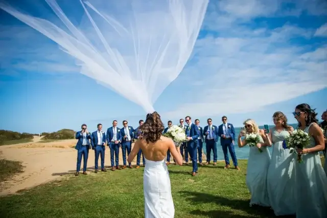 A bride on grass surrounded by the bridal party with her veil in the wind